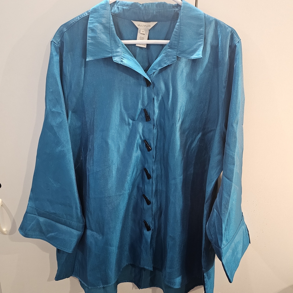 Multiples Women's Vibrant Blue/Green Button-Down … - image 1